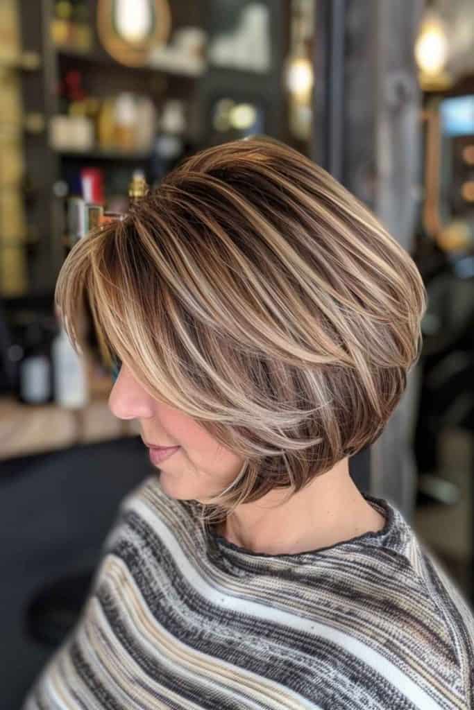 A woman with a short, stacked bob featuring blonde highlights sits in a hair salon.