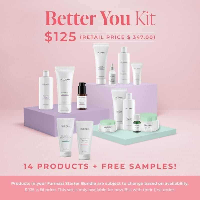 Farmasi's Better You Starter Kit - the image shows multiple skin and hair care products on green and purple platforms.