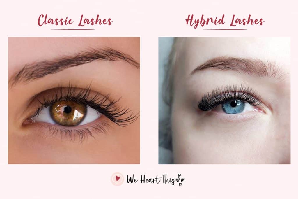 comparison of classic and hybrid lashes with eye photos of two women