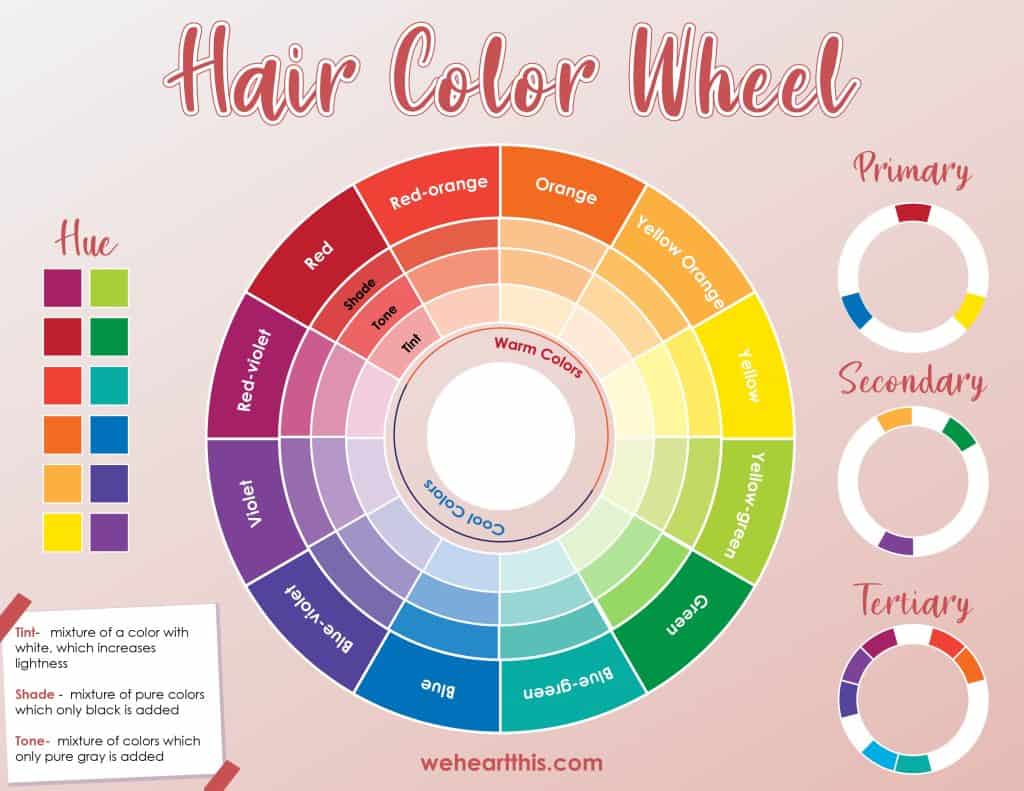 hair color wheel infographic with list of arranged colors