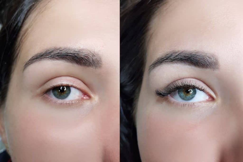 before and after photos of a woman with natural and hybrid lashes
