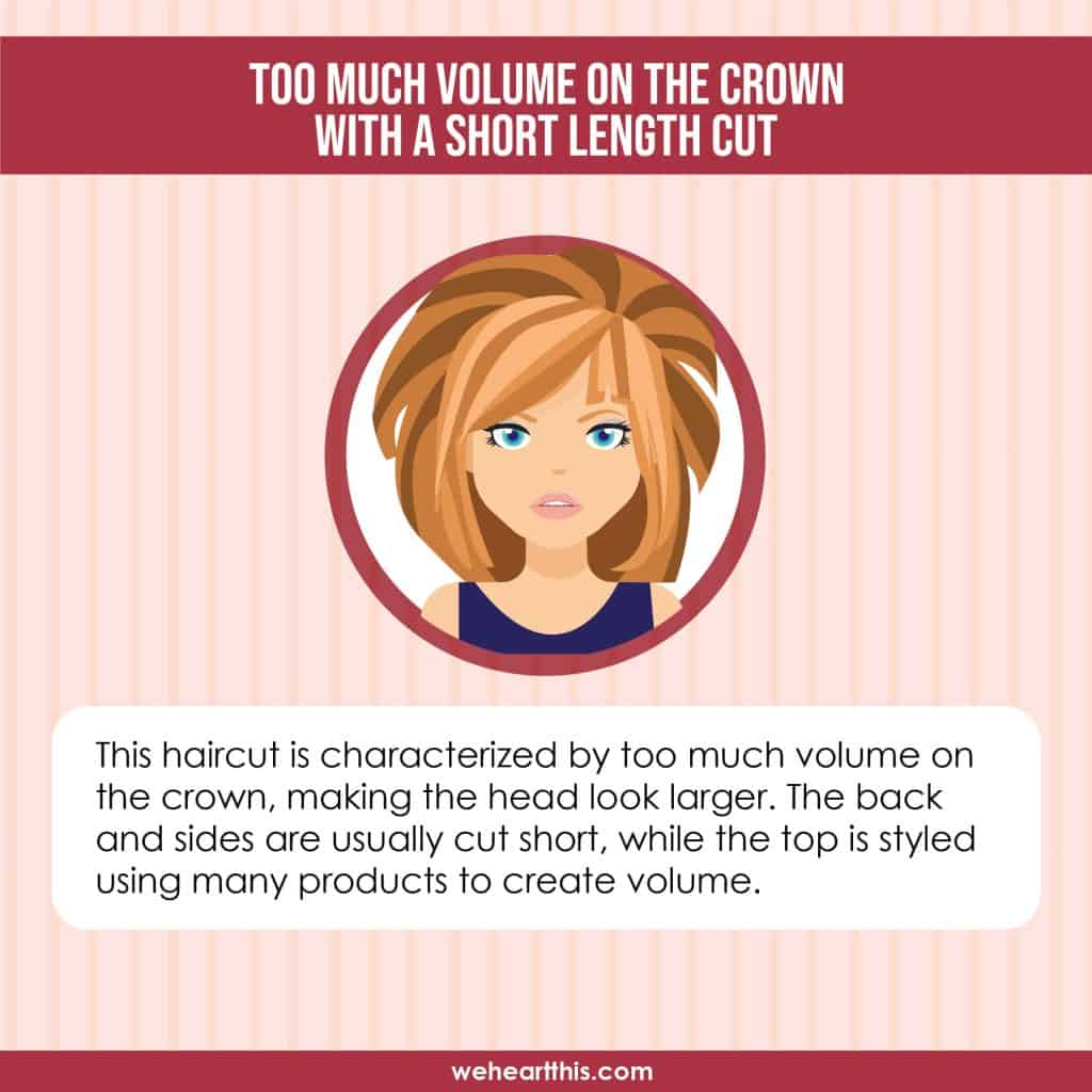 an infographic of too much volume on the crown with a short length cut
