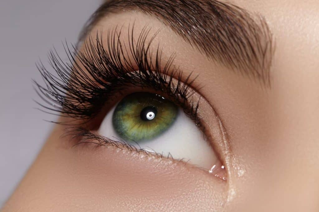 A close up of a woman's green eye with long lashes looking up