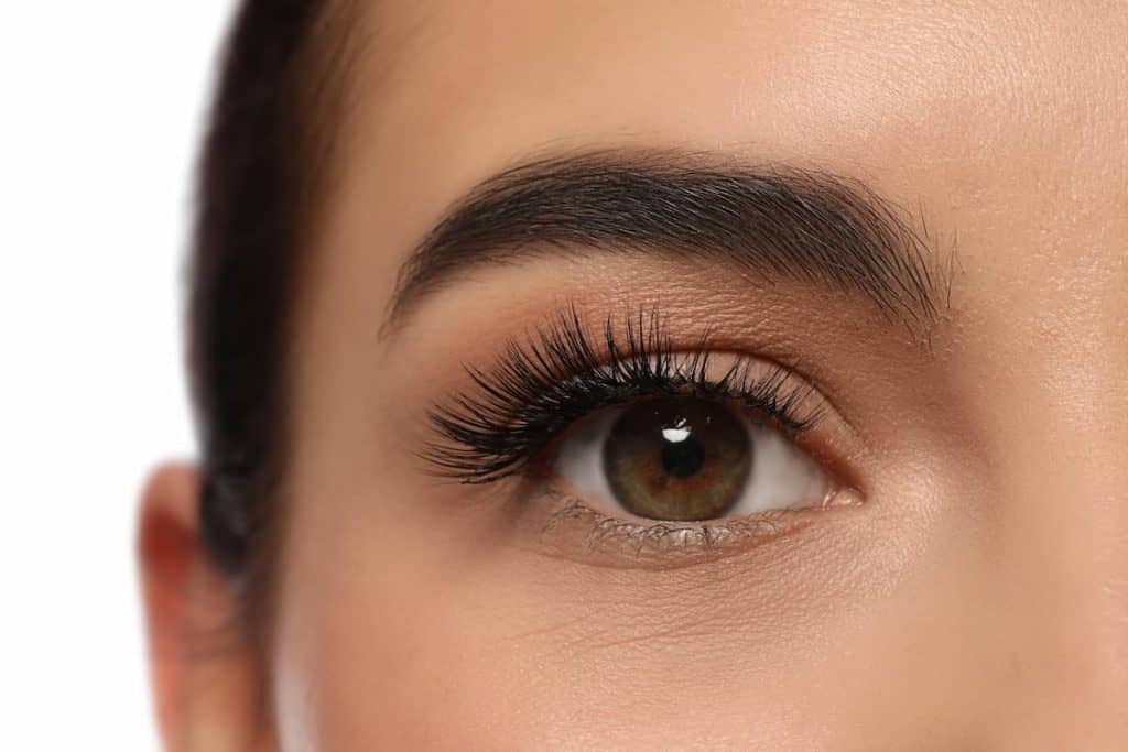A close up photo of a woman's brown eye with long lashes.