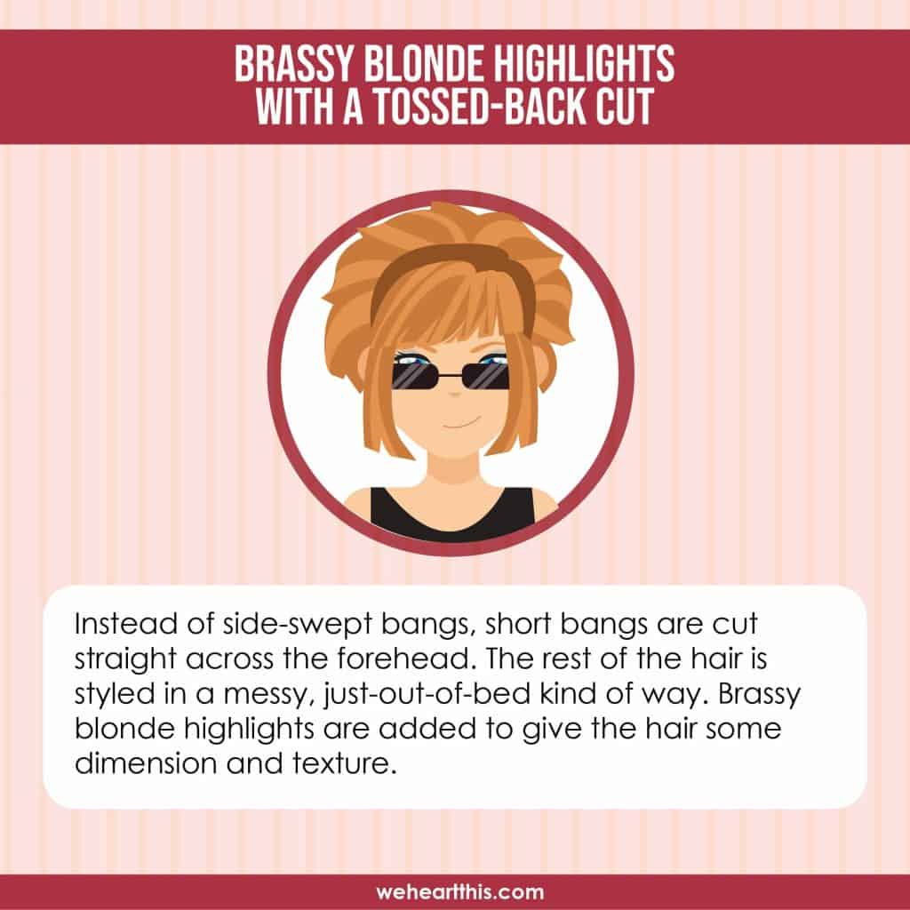 an infographic of brassy blonde highlights with a tossed-back cut