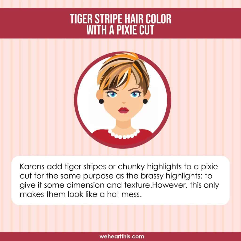 an infographic of a tiger stripe hair color with a pixie cut