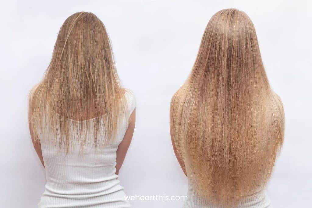 a before and after of keratin bond hair extensions where the hair is looking natural and more volumized