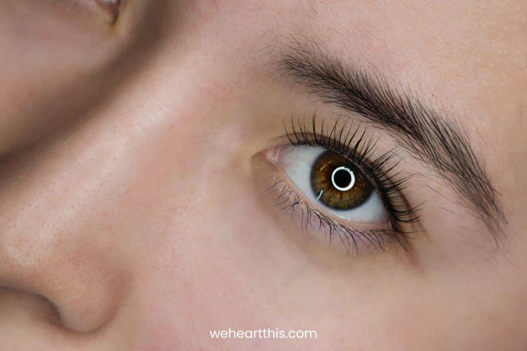 a close up image of a woman's eye highlighting her natural long eyelashes after using lash primer