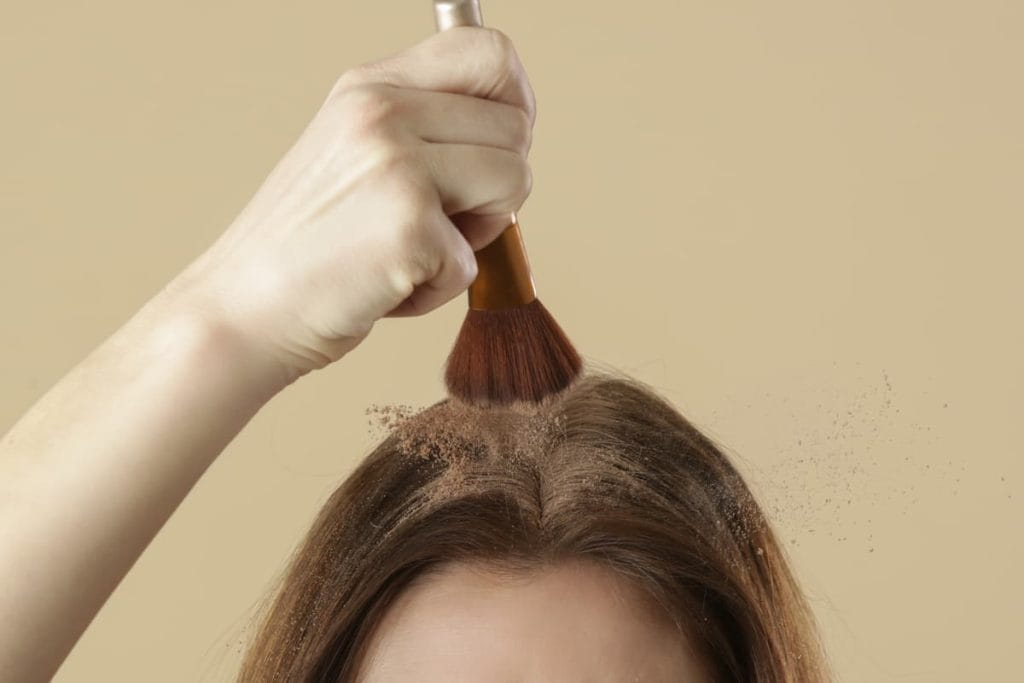 a close-up image of a woman applying diy dry shampoo on her scalp using a make up brush