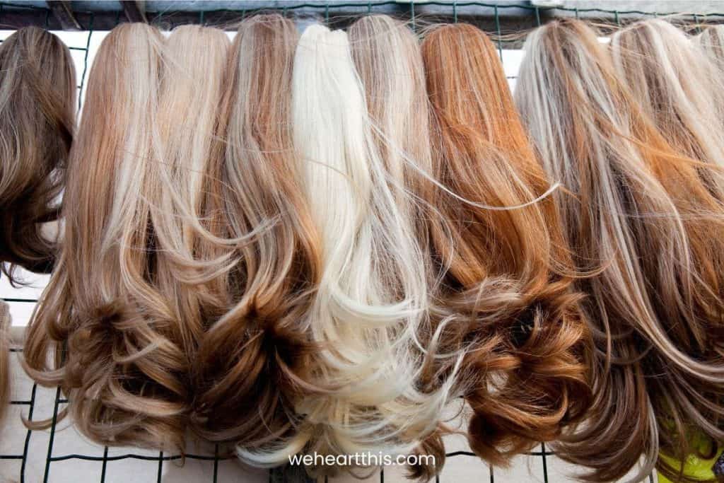 Multiple hair extensions with different colors hanged
