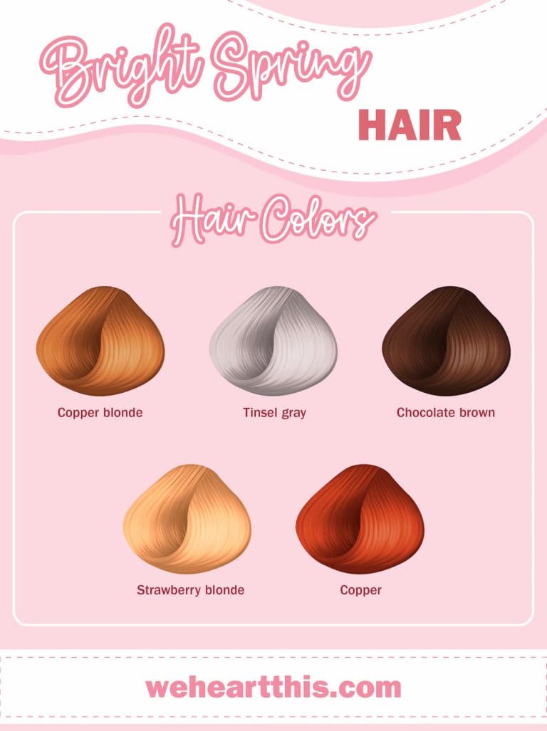 A bright spring color palette guide featuring vibrant hues for makeup, hair, and fashion, with a focus on clear, luminous tones.