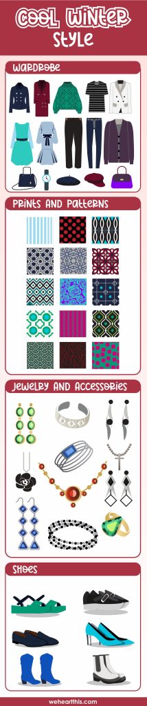 An infographic featuring wardrobe, prints and patterns, jewelry and accessories, and shoes style for cool winter