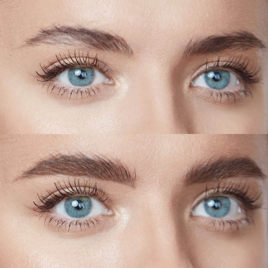 close up photo of a beautiful woman's before and after eyebrow tinting session