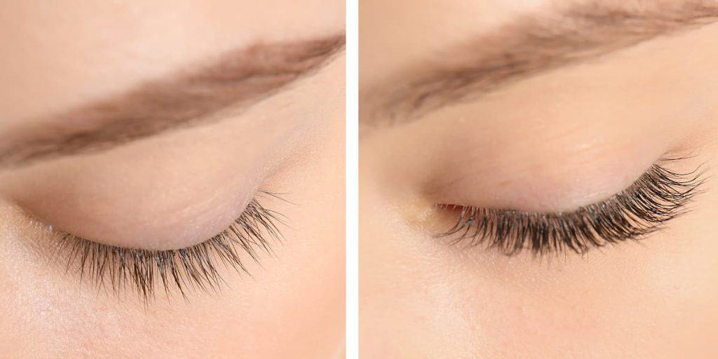 A woman's eyelashes before and after lash extensions.