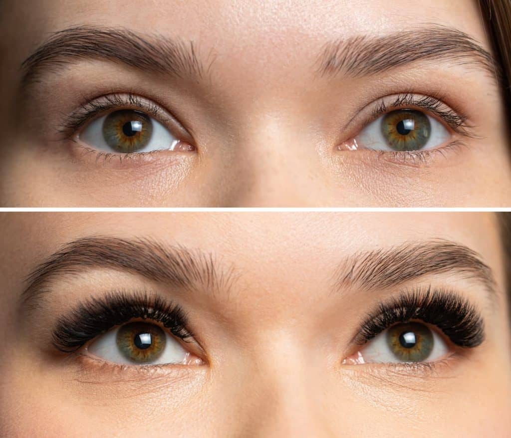 before and after photo of a woman's mega volume eyelash extension