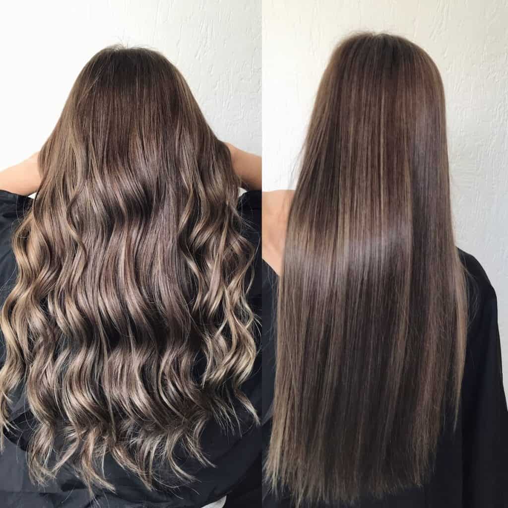 collage photo of a woman's long hair colored with hazelnut balayage styled curl on the left side and sleek straight hair on the right side