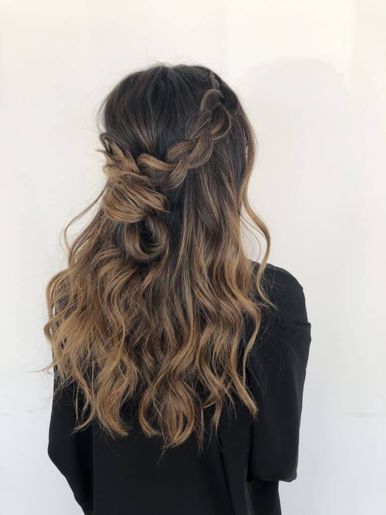 woman's braided curly hair colored with toasted hazelnut
