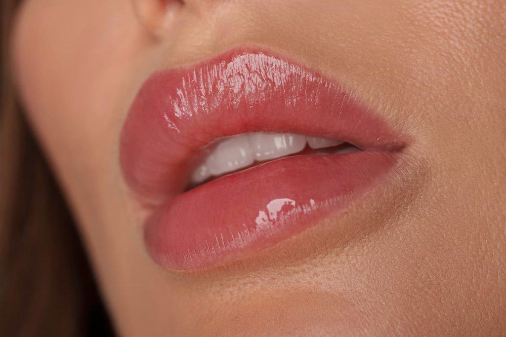 A close up photo of a woman's beautiful lips after lip blushing procedure