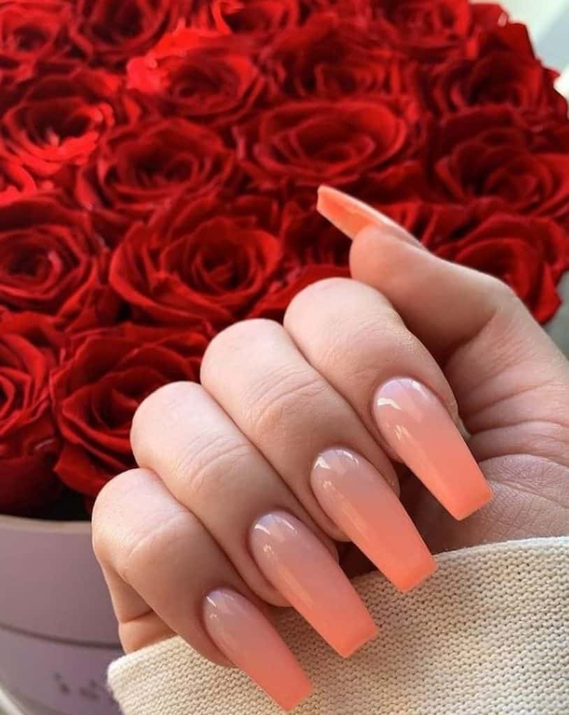 A closeup of a woman's hand with long coffin nails in peach ombre nail polish