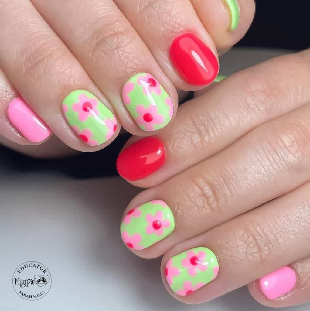 A closeup of a woman's hands with a combination of green, pink, and red nail polish that has pink flowers nail designs
