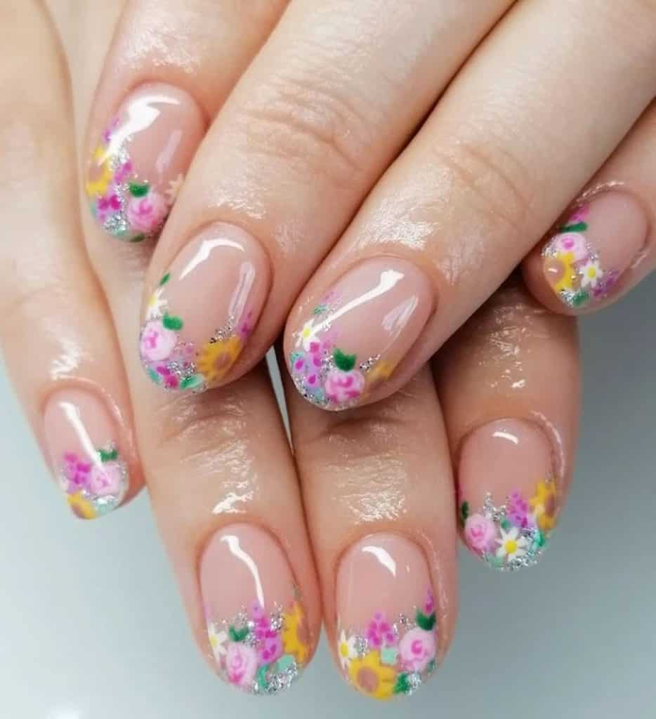 A closeup of a woman's hands with beautiful nude nail polish that has multicolored floral designs and glitters on nail tips