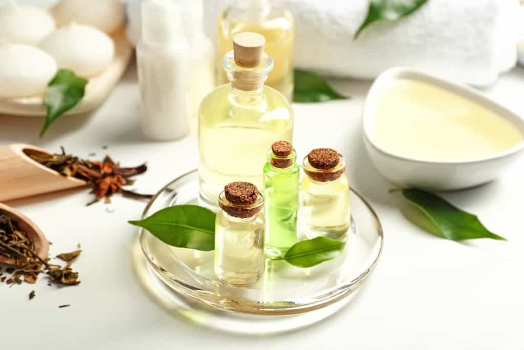 Spa composition with tea tree oil on white background