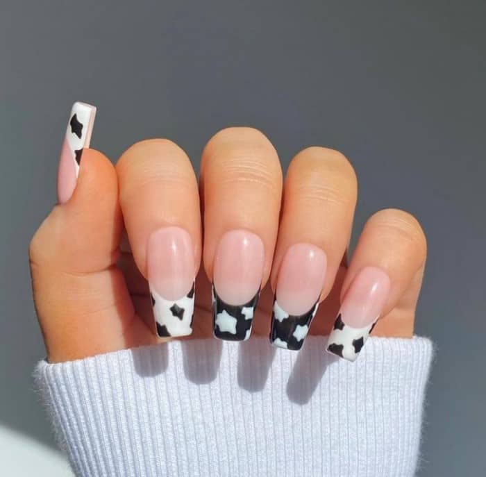 A closeup of a woman's fingernails with a pale pink nail polish base that has mix of black and white cow-print tips