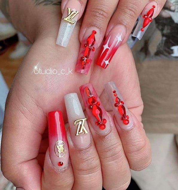 Red on Red Embossed Louis Vuitton Nails, Acrylic Nails Tutorial
