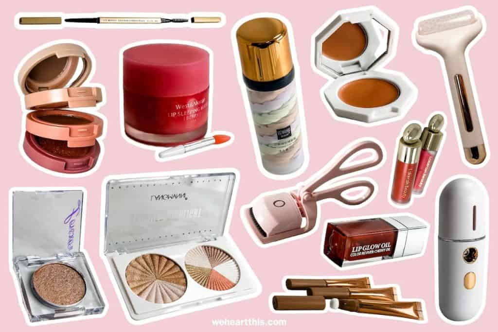a collage of multiple temu makeup products on a pink background