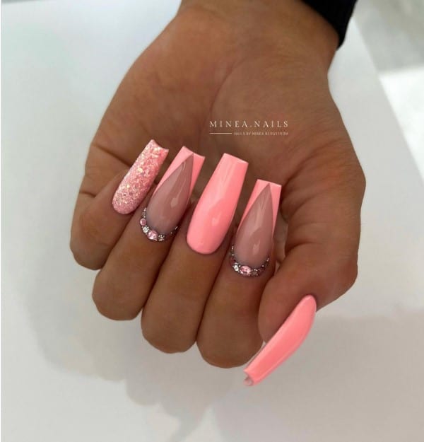 Matte Pink French Tip With Crystals Coffin Press On Nails