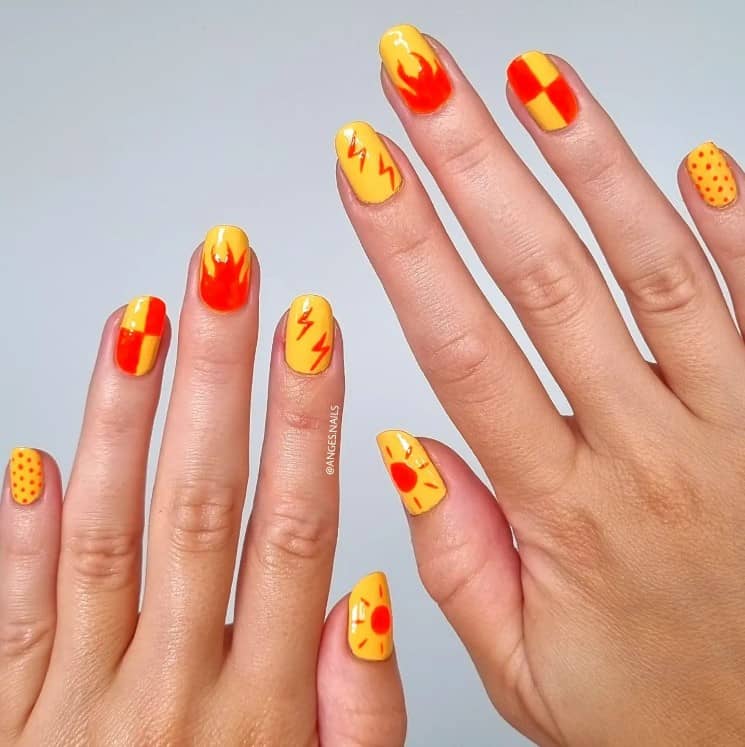 red and yellow nail designs