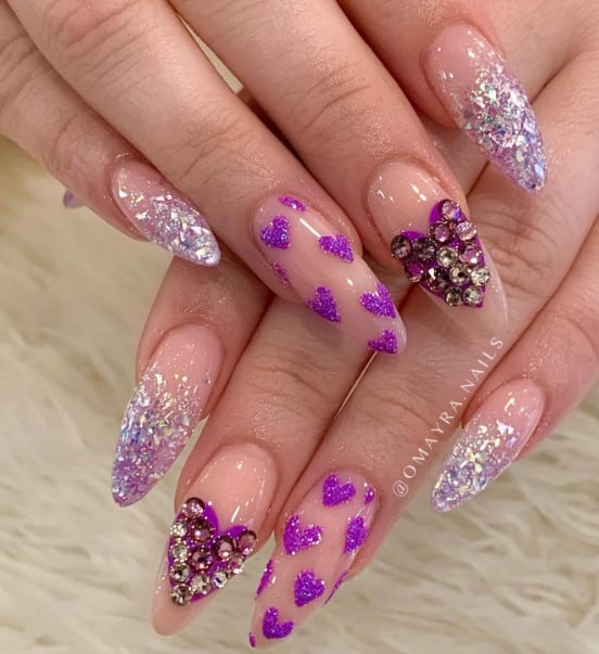 purple heart design with french glitter tips