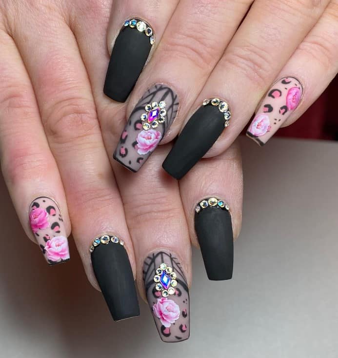 pink and black nails with diamonds