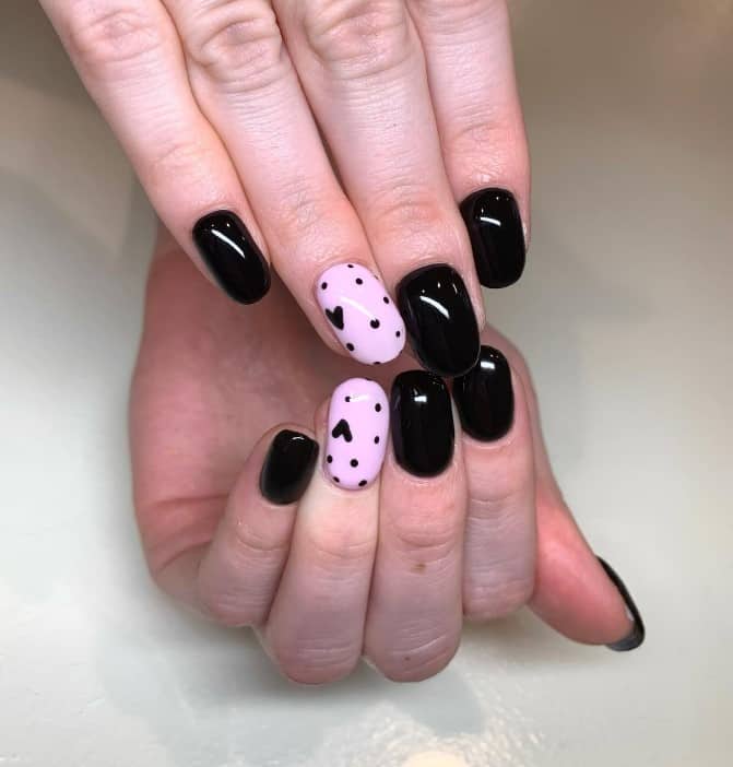 white-pink base with black polka-dotted hearts