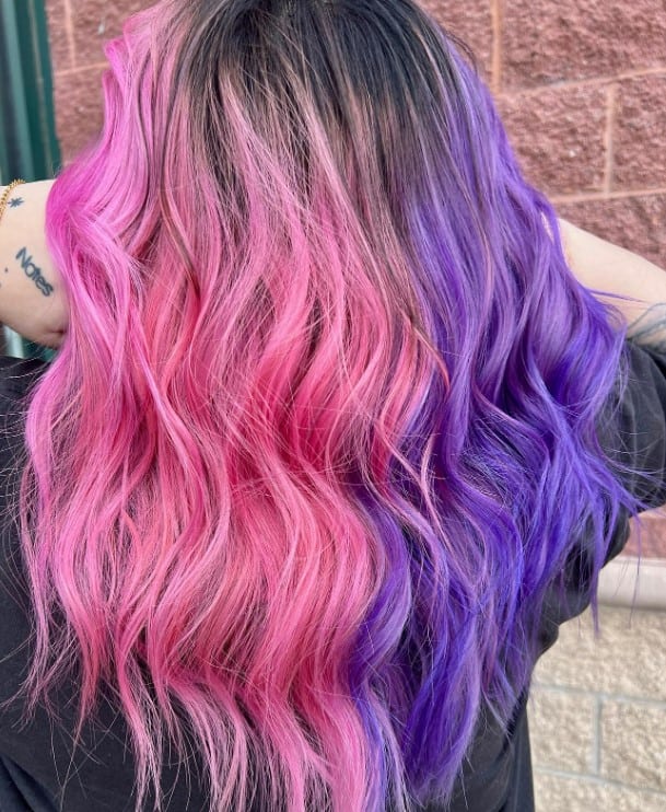 pink and purple dyed hair flaunts a striking combination of colors