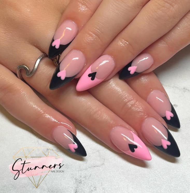 black and pink french tips nails with heart design