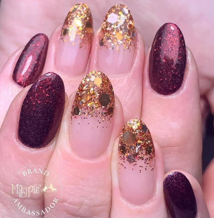 Burgundy, Matte & Gold Almond shape acrylic nails | Burgundy acrylic nails,  Red and gold nails, Burgundy nail designs