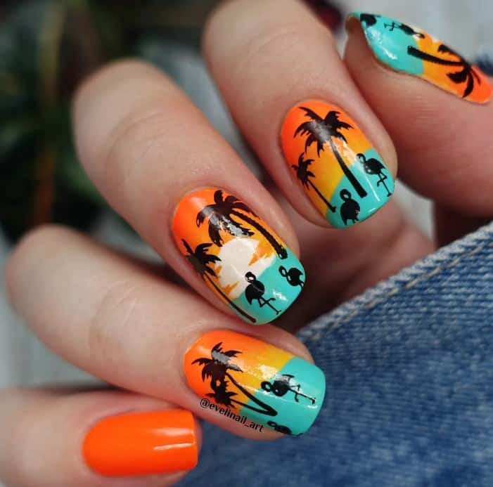 sunsets against teal waters, flamingo silhouettes, palm trees, and plain tangerine accent nails