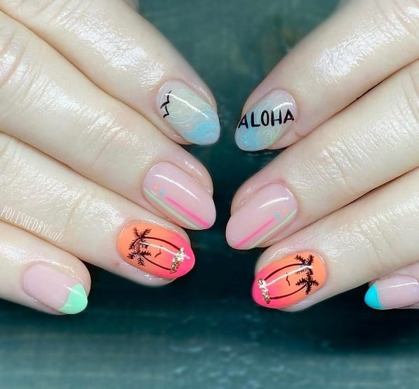 set has orange-pink sunsets, palm trees, birds, the Aloha sign, gold flecks, pastel lines, and wavy French tips