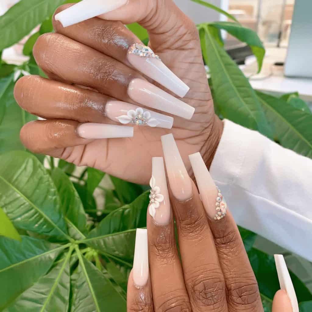 long ombré coffin nails with diamonds and one 3d flower