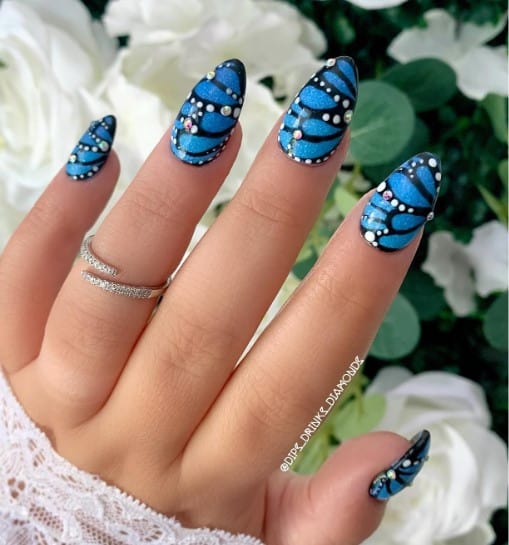 Eye Candy Nails & Training - Electric blue, black and silver freehand nail  art with Swarovski crystals by Elaine Moore on 23 February 2013 at 04:48