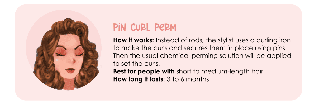A picture of a woman's pin curl perm hair infographic