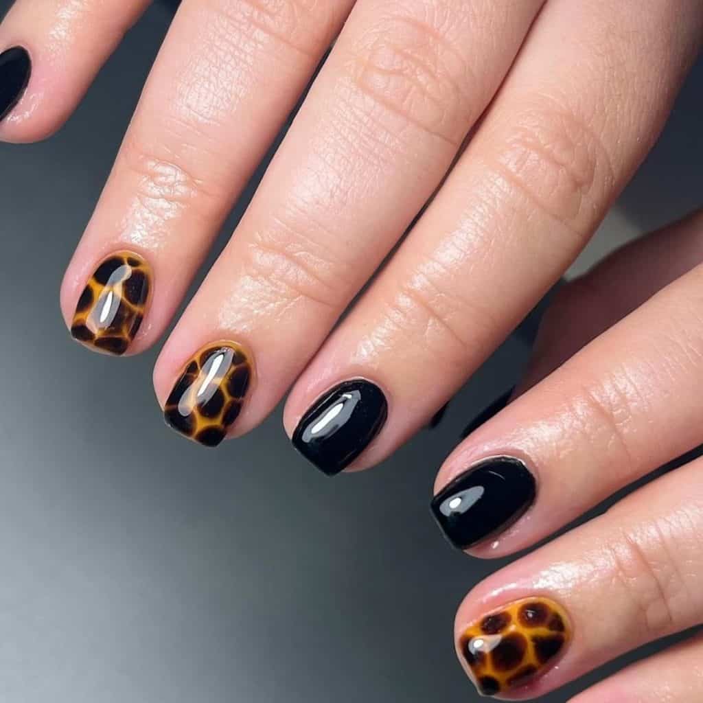 A woman's hands with squoval nails in jet black, accented with the timeless elegance of tortoiseshell