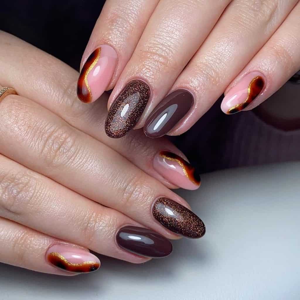 A woman's hands with nails with a rich dark brown polish, choosing either a shimmery or a plain glossy finish for a radiant look