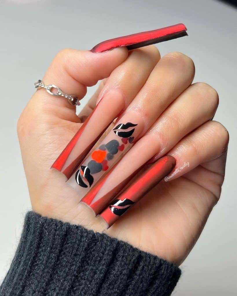 Flaunt acrylic matte red nails accented with playful black lip art near the tips.