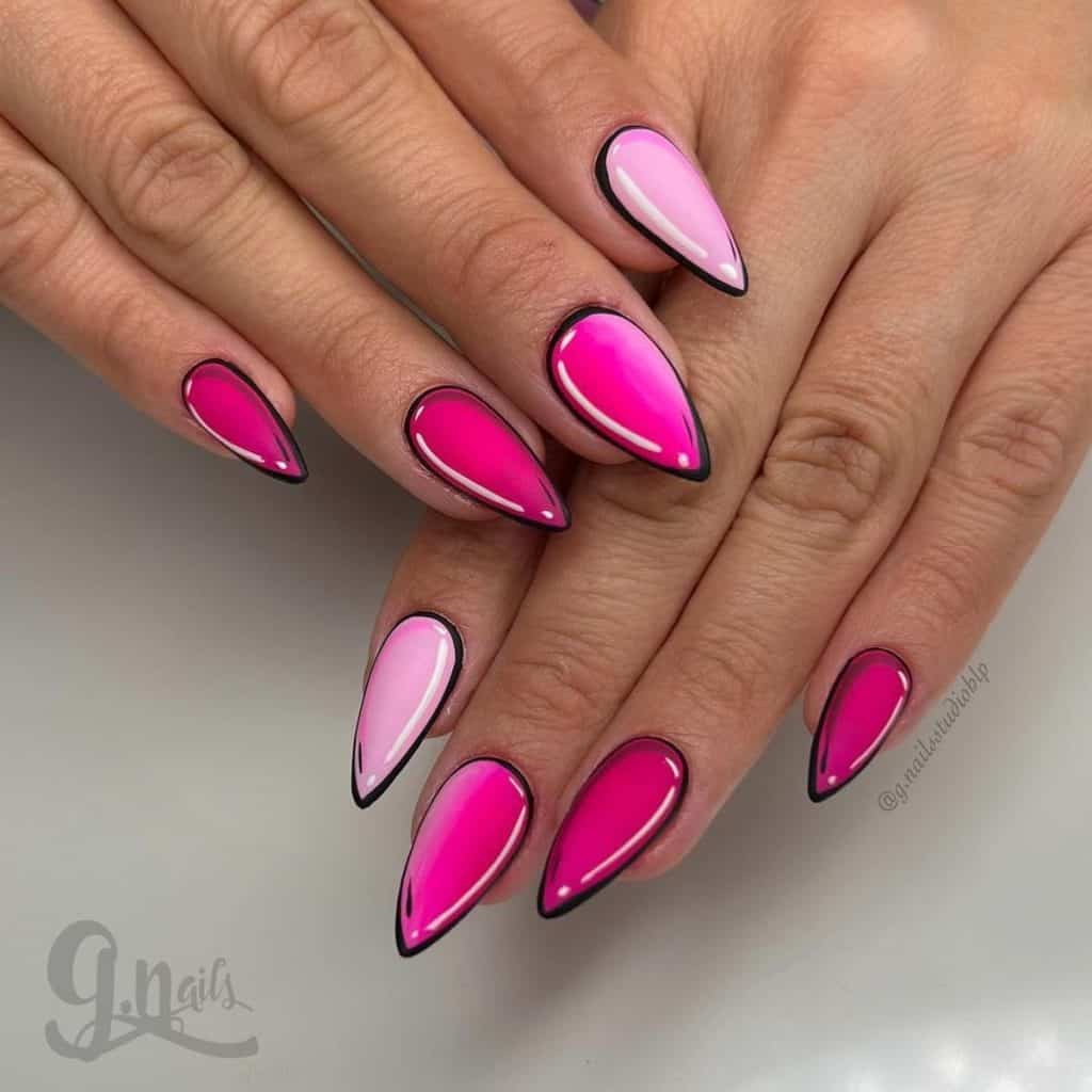 A woman's nails with matte pink comic book nails, each rimmed with bold black outlines