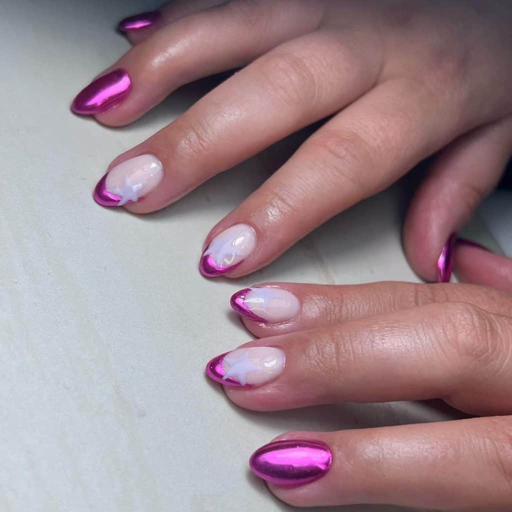 A woman's hands with pink and white chrome nails by decorating light nude glossy canvases with magenta chrome French tips