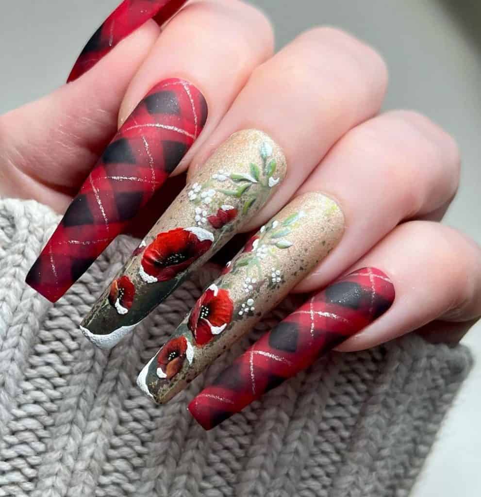 Red matte acrylic nails present a tapestry of black, white, and gold plaid patterns alongside ones shimmering with fine gold glitter.