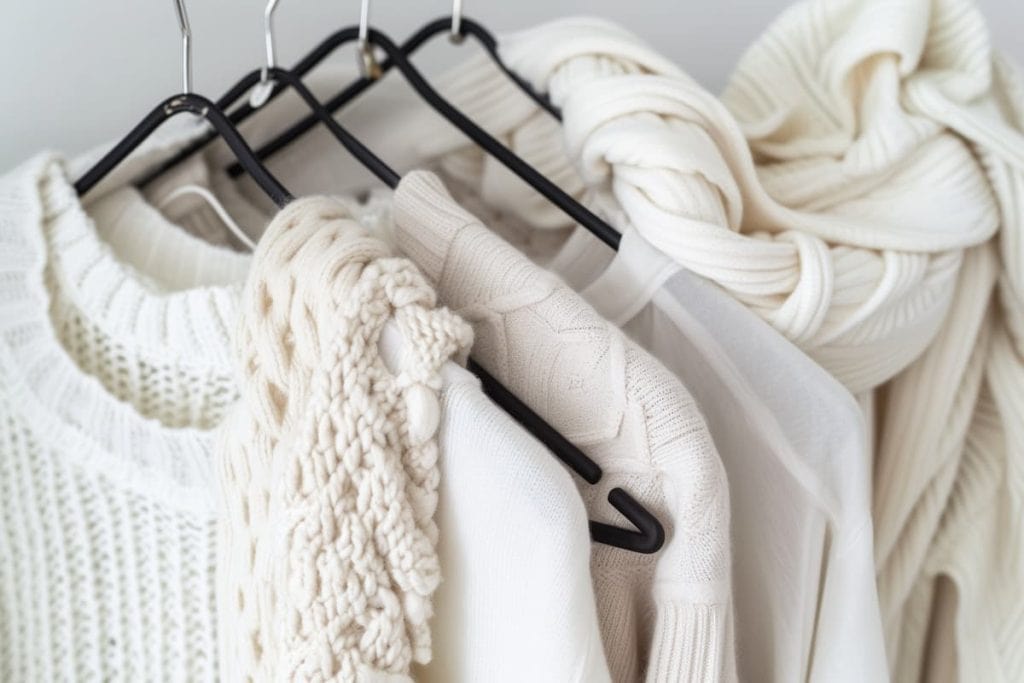 a pile of off white colored tops, blouses and outerwear  