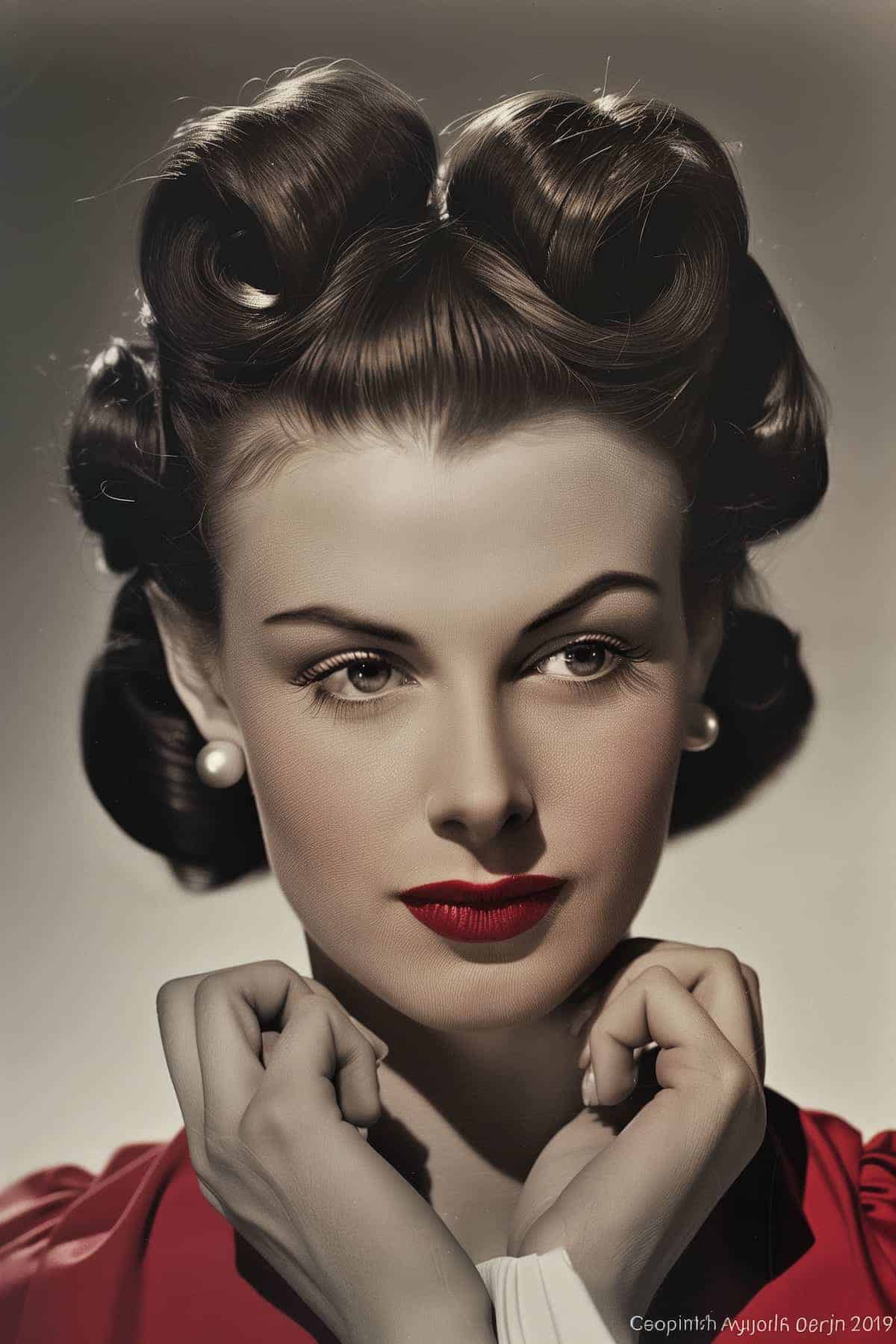 A woman with vintage 1940s hairstyle, red lipstick, and pearl earrings poses with hands near her face, wearing a red top.